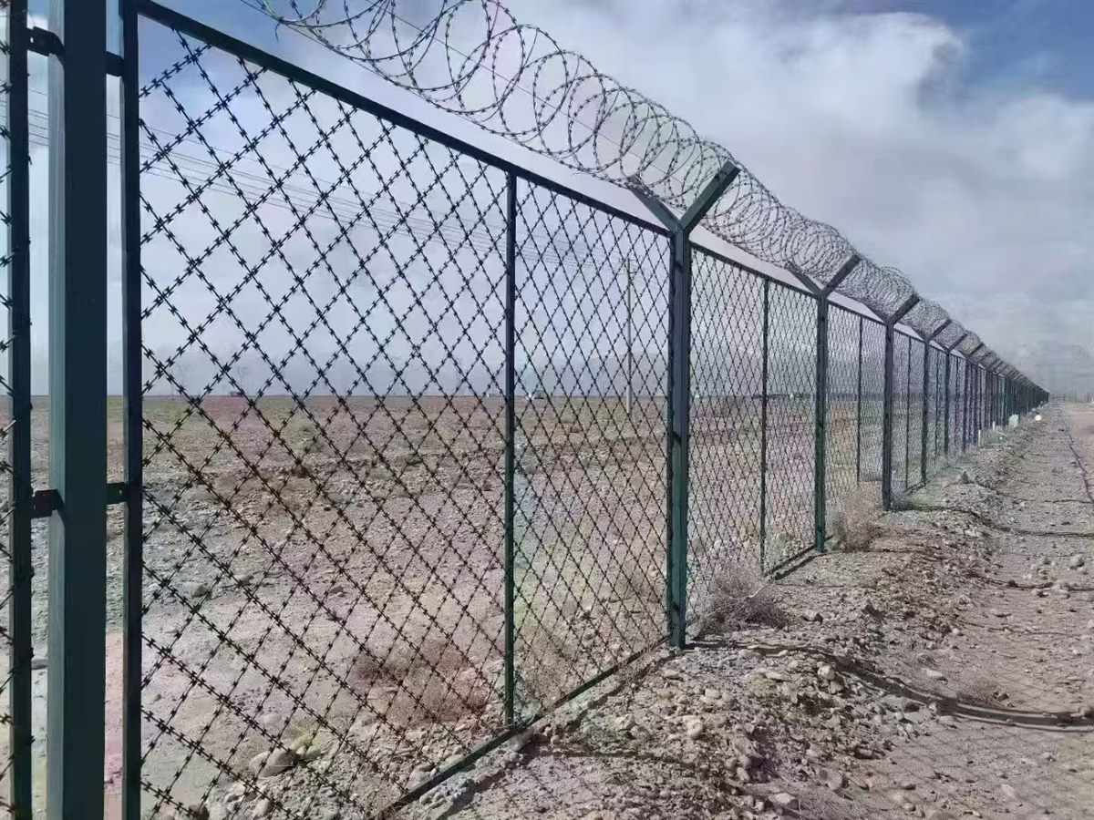 Razor wire topping fixed in the angled head of a Y-post fence above the mesh panel (thumbnail 3)